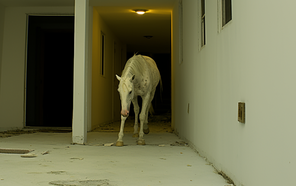 vdf_ia_white_horse_walking_down_a_hallway_in_the_style_of_post-_354573be-d46b-4a45-9015-018bcbb1990e